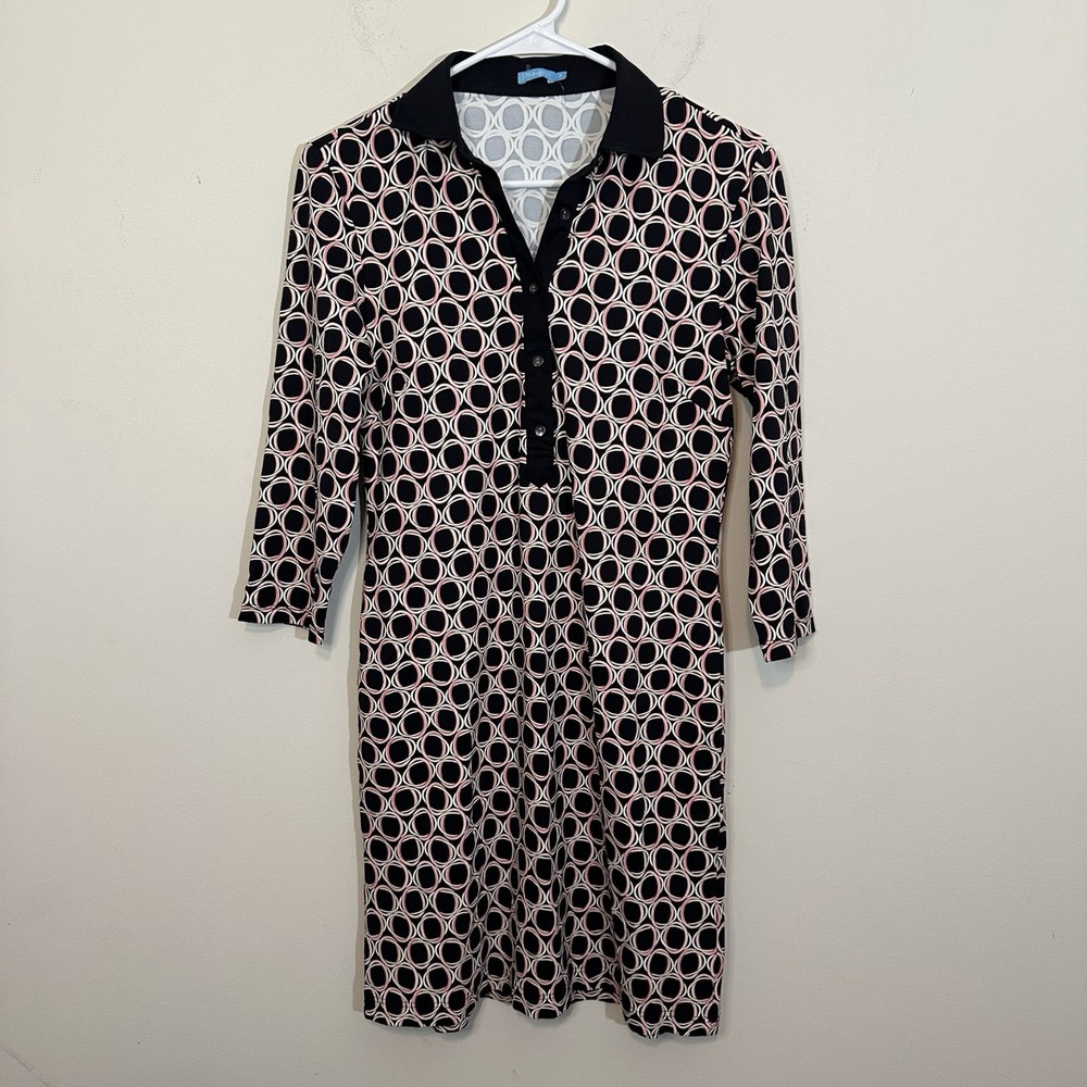 J.McLaughlin Black Geometric 3/4 Sleeve Shift Dress Catalina Cloth Small Resort